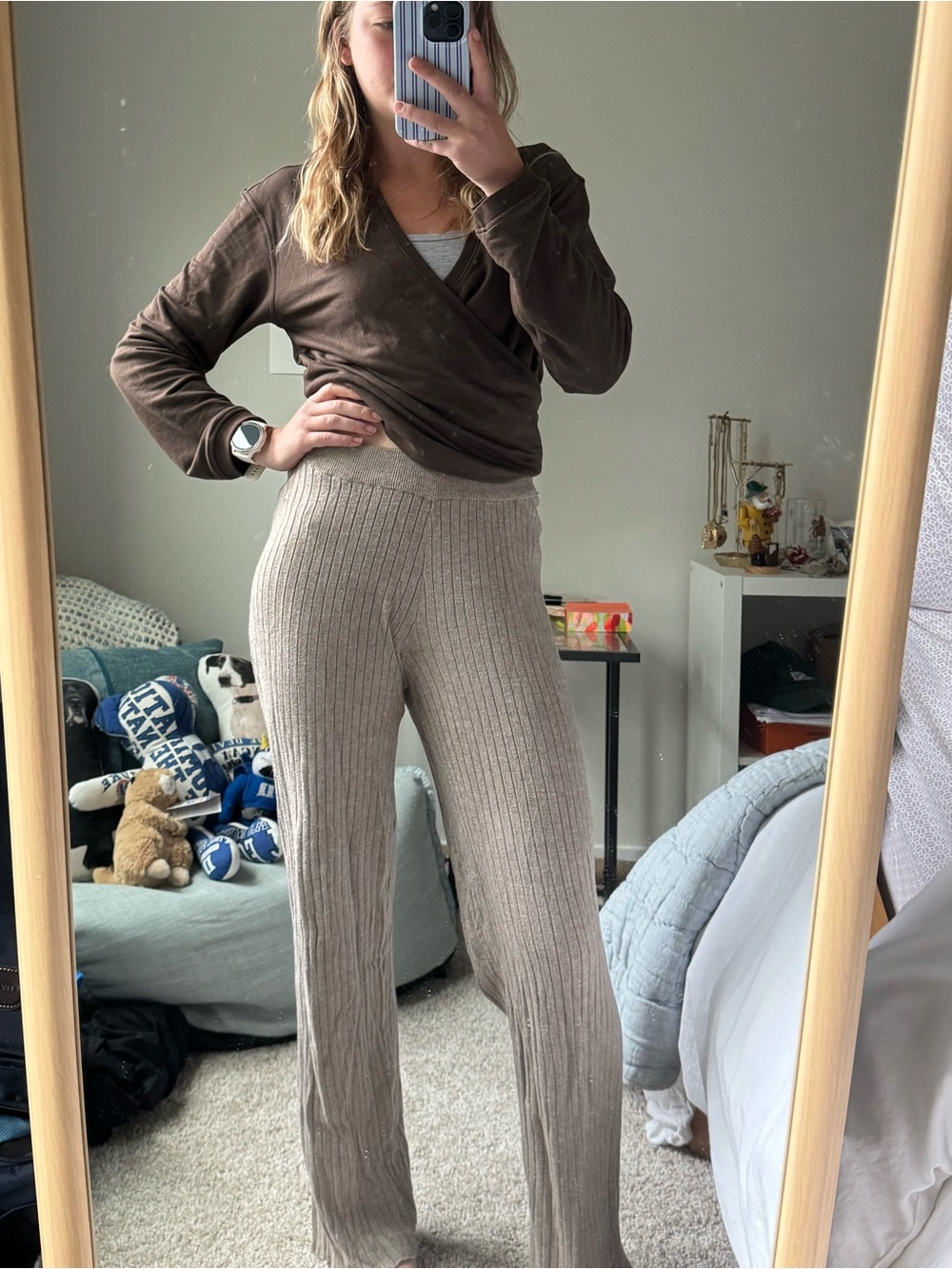 Cozy Rib Knit Wide-Leg Pants in Beige